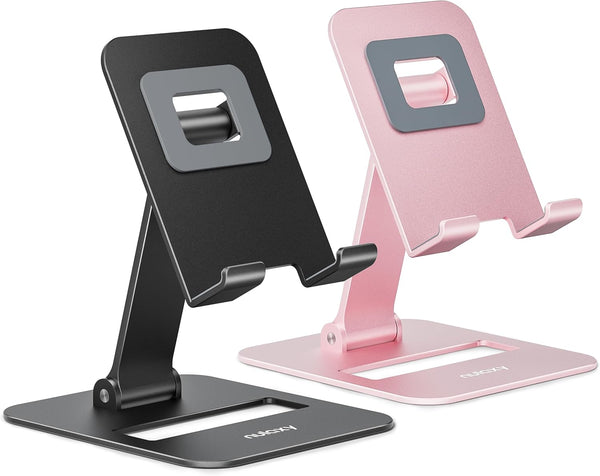 Nulaxy 2 Pack Dual Folding Cell Phone Stand, Adjustable Phone Holder for Desk, Compatible with iPhone 15-11, Black &