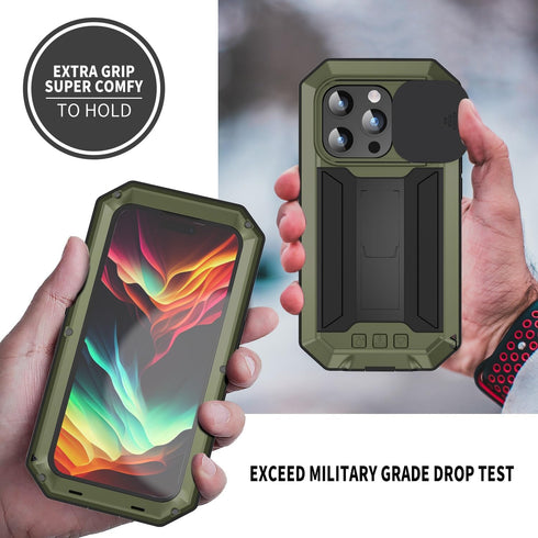 JINGANGYU 15 Metal Heavy Duty Phone Case Compatible with iPhone with Kickstand Built-in Gorilla Glass Lens Slide Camera