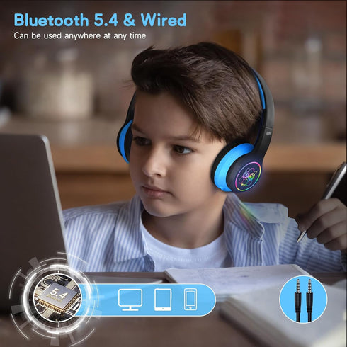 LOBKIN Kids Bluetooth Headphones, Over Ear Wireless Headphones with Mic, 50H Playtime, Colorful LED Lights, Safe Volume
