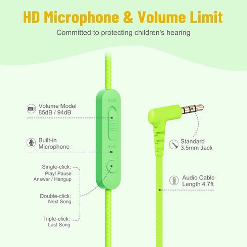 rockpapa Share 1 Kids Headphones Wired with Microphone & Share Port, 85dB/94dB Volume Limited, Cute Foldable