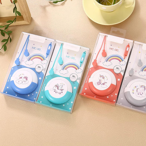QearFun Unicorn Earbuds for Kids - Kawakii Wired In-Ear Headphones with Microphone & Cute Storage Case (Sky Blue)