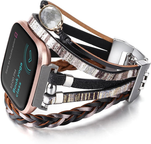 Posh Leather Bands for Women, Compatible with Fitbit Versa 3&4 Bands/Fitbit Sense/Sense 2, Multilayer Wrap Bracelet