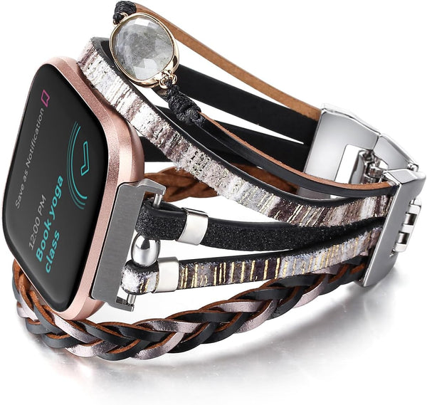 Posh Leather Bands for Women, Compatible with Fitbit Versa 3&4 Bands/Fitbit Sense/Sense 2, Multilayer Wrap Bracelet