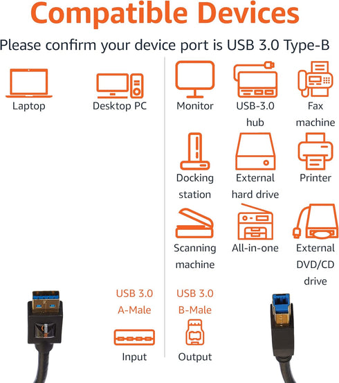 3.0 4.8Gbps 6 Amazon Basics USB-A to USB-B Cable, High-Speed with Gold-Plated Plugs, Foot, Black