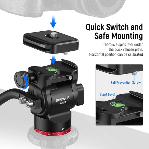NEEWER Tripod Fluid Head Pan Tilt Head with Quick Release Plate - Metal Camera Tripod Head for Compact Video Cameras