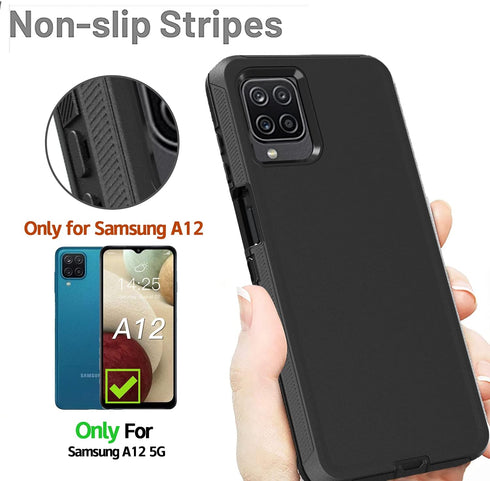 Heavy Duty Case for Samsung Galaxy A12, Shockproof, Dropproof, Dust-Proof with Clip (Black)