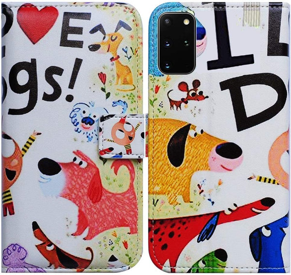 Case for Samsung Galaxy S20 Plus - Colorful Cute Dogs Leather Flip Phone Wallet Cover with Card Slot Holder Kickstand