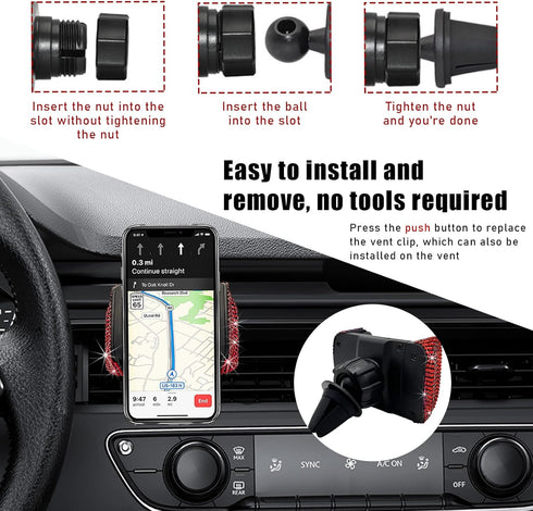Bling Car Phone Holder, 360 Degree Adjustable Crystal Mount for Dashboard, Air Vent, Windshield (Red)