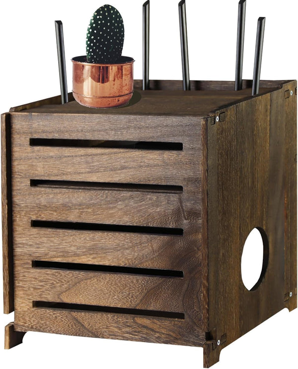 Yemotopro Wooden WiFi Router Storage Box Charcoal Retro Wood Router Hider Box Modem