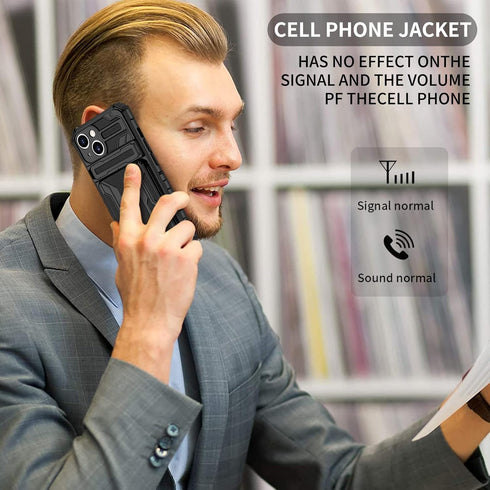 iPhone 15 Black Case: Shockproof Wallet Cover with Card Holder, Kickstand & Screen Protectors for 6.1" Model.