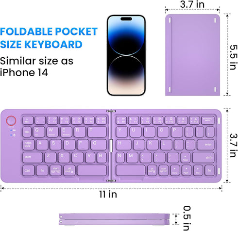 Mini Foldable Bluetooth Keyboard, Portable Wireless Full Size Keyboard for iPhone iPad Mac Android Windows (Purple)