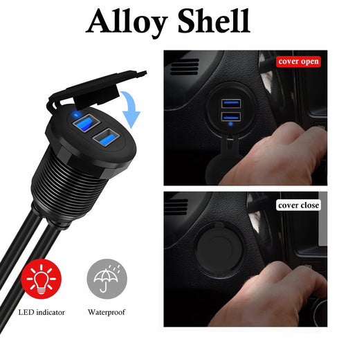 BATIGE Alloy Dual Port USB 3.0 Car Dashboard Flush Mount Cable, Male to Female with LED Indicator, 1ft