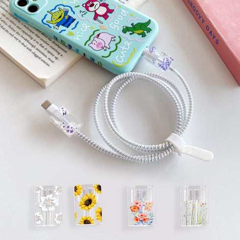 Cute Floral Cable Protector for iPhone Charger Lavender Camellia Sunflower Flower Bouquet Lace Cherry Blossom Pattern 6 pcs Set Cable Protector for iPhone,Charging Cord Protector,Charger Saver