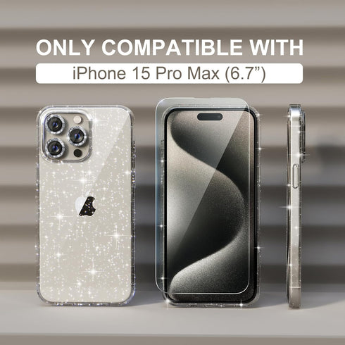 Choiche iPhone 15 Pro Max Case, Glitter Clear with 3 x Diamond Camera Lens Protectors & 2 x Tempered Glass