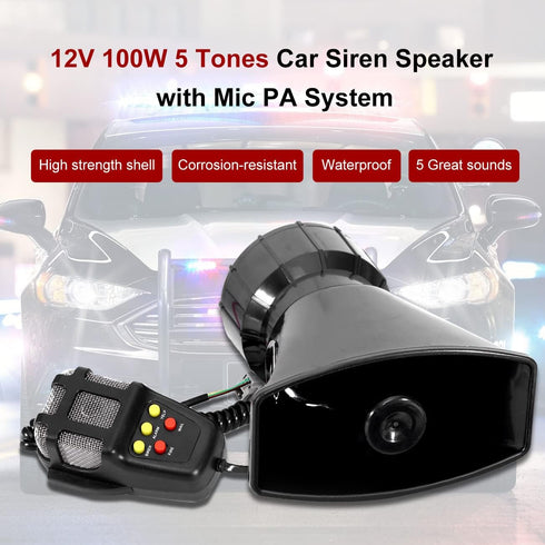 Partol Car Siren Horn 5 Tone Vehicle Siren Speaker with Mic PA Speaker System 100W Emergency Sound Amplifier with Microphone by PARTOL