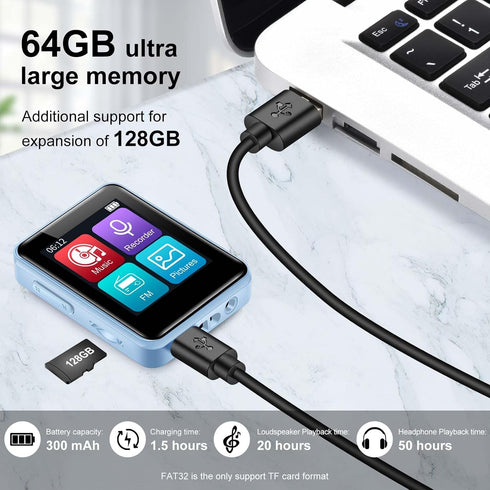 woolynew 64GB MP3 1.8 inch 512GB, Player, Bluetooth Music Player, Portable High Fidelity Lossless Music Player