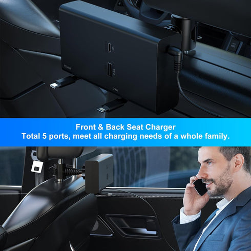 Multi Car Retractable Backseat Charger - 5 in 1 Charging Station Box for iPhone/Samsung, 60W Cigarette Lighter Adapter