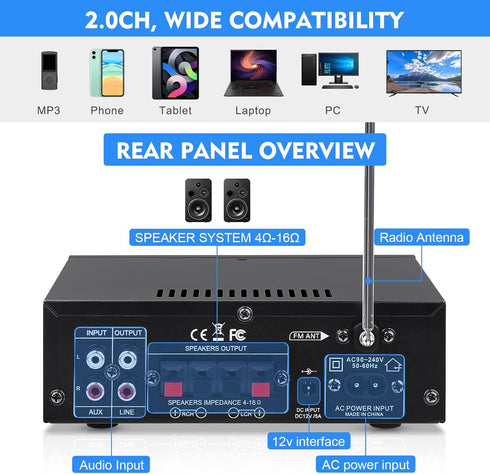 Generic BT-298A+ 40Wx2 AEXCVG Stereo Home Audio Amplifier HiFi Bluetooth Stereo Receiver Mini Home Theater Amplifier