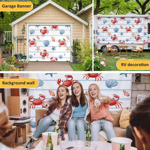 GNAKT AREWG 13x6ft Summer Garage Door Banner Cover Crab Starfish Shell Conch Garage Door Decoratons Banner for Indoor