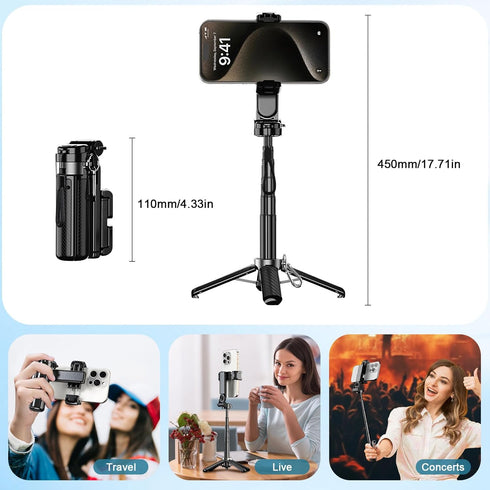 Dayinkes 4-in-1 360 225 Phone Tripod Stand with Clip, Extendable Selfie Stick with Rotation & Tilt, Portable Foldable