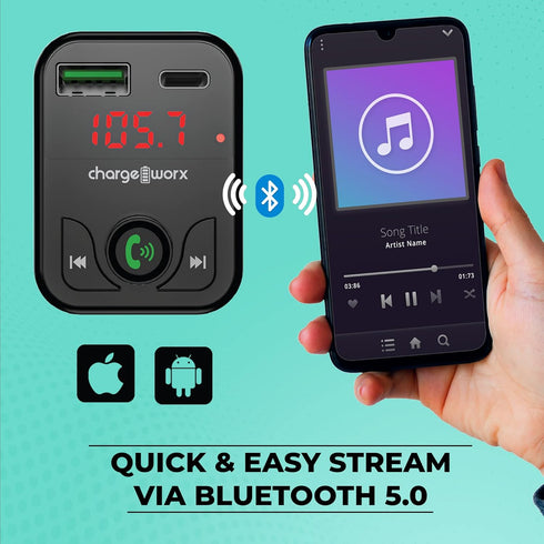 FM Transmitter Bluetooth for Car, Fast USB-C and USB Car Chargers, Stream Music and Hands-Free Calls, Wireless Adapter