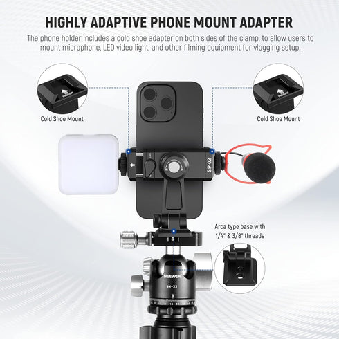 NEEWER Metal Phone Tripod Mount Adapter with Arca QR Base, Cold Shoe, 360° Swivel, Compatible with iPhone 15 Pro