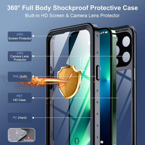 SPIDERCASE iPhone 13 Pro Case, Waterproof with Built-in Lens & Screen Protector, Heavy Duty Protection, Black/Clear