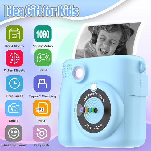 Kids Camera Instant Print, Christmas Birthday Gifts for Ages 3-12, Selfie Digital Camera with 1080P Videos, Blue
