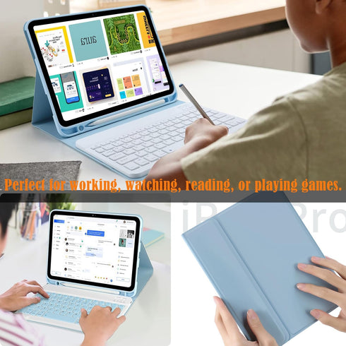 iPad 10th Generation Case with Wireless Bluetooth Keyboard 2022, Built-in Pencil Holder - SkyBlue, Model