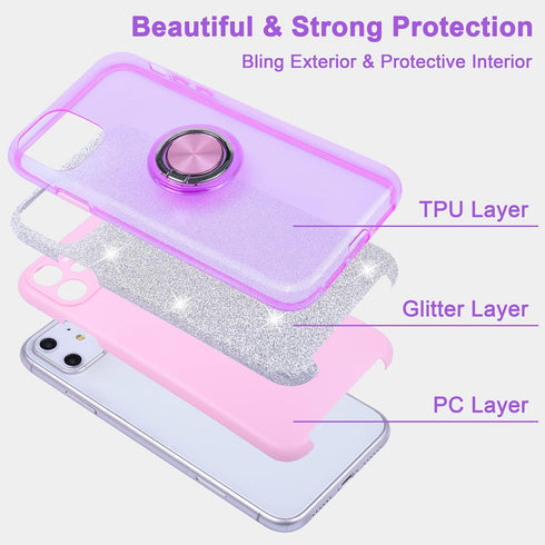 Wisdompro Glitter Case for iPhone 11, Purple, with Ring Holder Kickstand for Women Girls