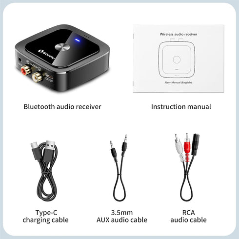 SONRU 6.0 24-Hour 3.5mm/RCA, Bluetooth Receiver, Bluetooth Adapter for Old Receiver, Low Latency, Battery Life with AUX