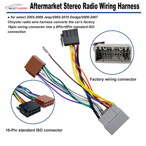 16Pin 2003-2009 2002-2010 2000-2007, 8Pin+8Pin Aftermarket Wiring Harness for Jeep Dodge Chrysler Android Car Stereo