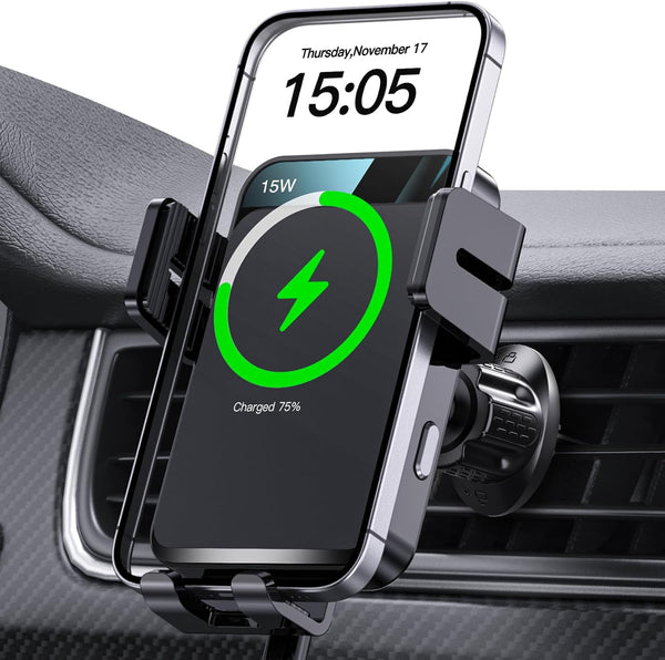 Wireless Car Charger, MOKPR Auto-Clamping Car Mount, 15W/10W/7.5W Fast Charging for iPhone 15/14/13/12 Series, Samsung