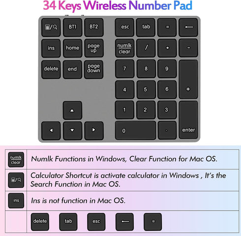Foloda Bluetooth Number Pad: Wireless BT Numeric Keypad, Multi-Devices Rechargeable USB C Numpad, 34 Keys Financial Accounting Extensions Data Entry Keyboard for Laptop, PC, iMac, Macbook, Notebook