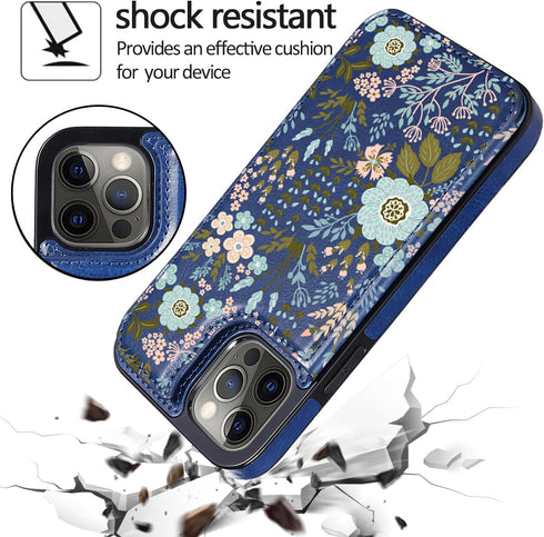 uCOLOR Flip Leather Wallet Case for iPhone 12 Pro/12, Card Holder Kickstand, Marble Design (Blue Flowers)