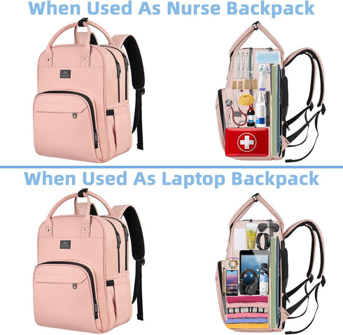 MATEIN Waterproof Nursing Backpack for Women, 15.6 Inch Travel Laptop Bag with Removable Organizer, Pink