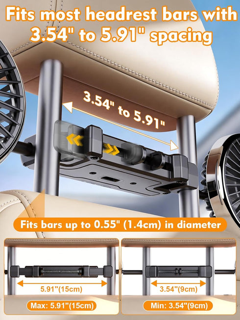 5V/2A 360 3 3.54"-5.9" USB Powered Backseat Car Fans for Kids & Baby - Dual-Head Cooling Car Fan with Independent