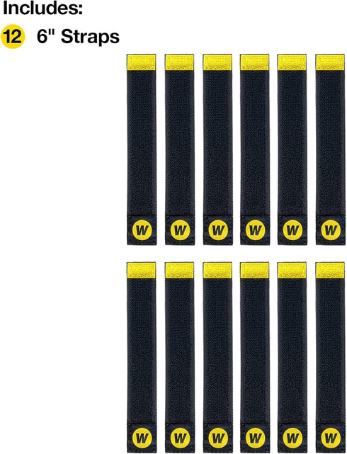 Selfie Straps by Wrap-It Storage, 6-inch Black Elastic Hook and Loop Cord Organizer Wraps, 12-Pack