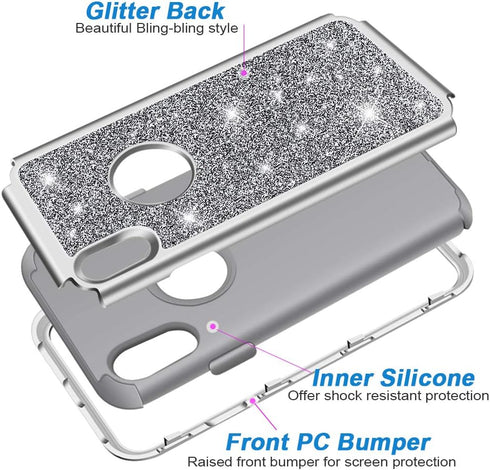 Hython Heavy Duty iPhone XR Case, Full-Body Defender Protective Bling Glitter Armor Hybrid Shockproof Cover, Gray