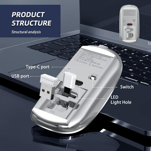 Wireless Mouse Chargeable, Portable Silent USB and Type-C Dual Mode Mouse, 3 Adjustable DPI for Laptop, Mac, PC (Q23S