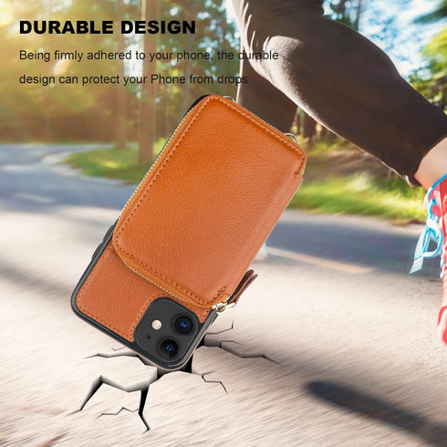 Bocasal RFID Blocking Wallet Case for iPhone 11, Adjustable Crossbody Zipper Purse Case with Kickstand, Brown