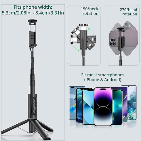 Selfie Stick Tripod with Remote, Aluminum Alloy Phone Tripod, Bluetooth Remote and 270° Rotation Stand for