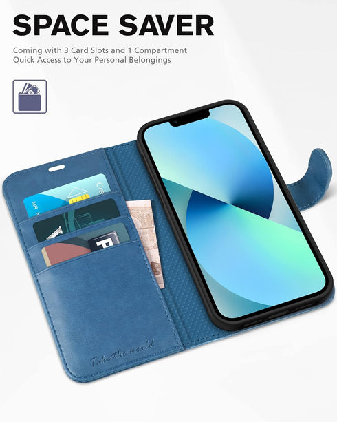 TUCCH iPhone 13 Wallet Case 5G, Lake Blue, Magnetic Folio, RFID Blocking, TPU Interior, Flip Cover, 6.1" Compatible.