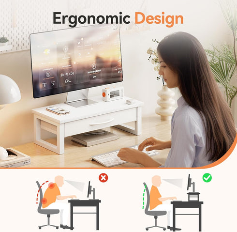 HEWORLIF Desk Organizers and Accessories, Computer Monitor Stand Riser with Drawer, White Laptop Stand for Desk