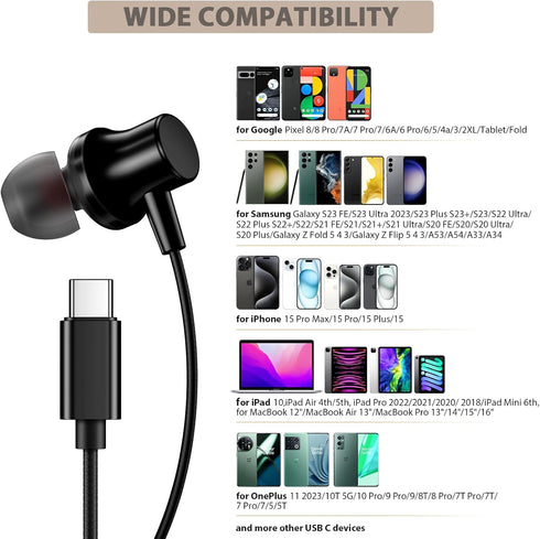 USB C Headphones for Samsung S24 Ultra S23 Fe, Type C Earphones with Microphone for iPhone 15 Pro Max Plus HiFi Stereo Volume Skip Magnet in Ear Wired Earbuds for Galaxy S24+ S22 Flip 5 Pixel 8 7 Pro