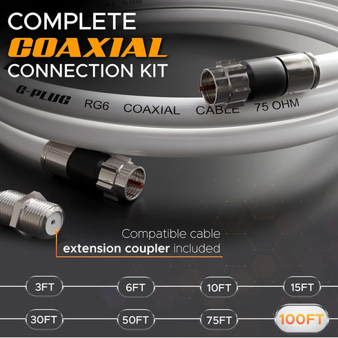 G-PLUG 100FT RG6 Coaxial Cable Connectors Set for High-Speed Internet, Broadband, and Digital TV Aerial