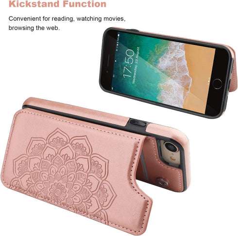Vaburs Wallet Case for iPhone SE(2022)/SE(2020)/8/7, Card Holder, Embossed Mandala Pattern, Rose Gold