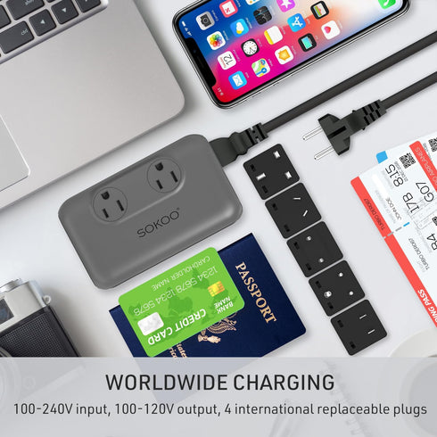 SOKOO 230-Watt Step Down Voltage Converter 100-220V to 110V, International Power Adapter for 150 Countries, USB Charger