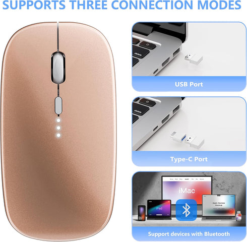 Slim Rechargeable Wireless Silent Mouse, 2.4G & Bluetooth Technology for Laptop/PC/Mac/iPad - Gold