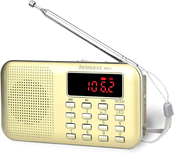 Retekess PR11 Portable AM FM Radio, Rechargeable Transistor Radio with Headphone Jack and MP3 Support (Gold)
